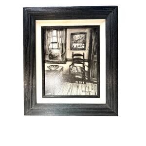H Hargrove Signed Serigraph Black & White Cat in Chair Farmhouse 8x10" Fine Art